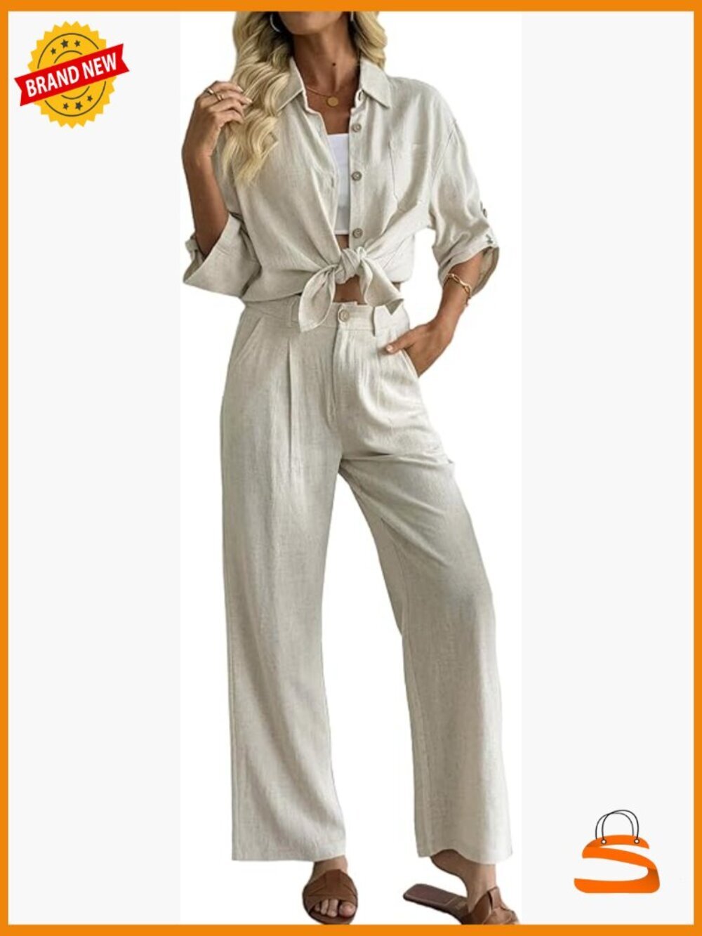 2 Piece Linen Blend Outfit - Button Down Shirt & Wide Leg Pants Set